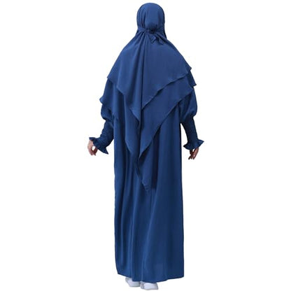 khalat Womens Muslim Prayer Dress Front Zipper Kaftan Islamic Robe Modest Solid Abayas for Women Muslim - color: Foggy Blue+hijab