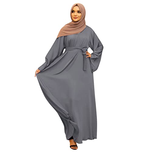 Prayer Dress for Women Muslim Long Sleeve A Line Elegant Maxi Dress Casual Wedding Party Maxi Dresses with Belt - color: Grey, size: Medium