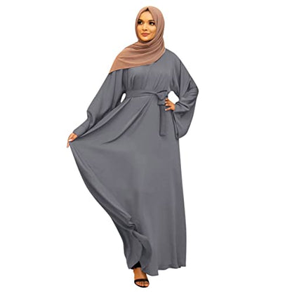 Prayer Dress for Women Muslim Long Sleeve A Line Elegant Maxi Dress Casual Wedding Party Maxi Dresses with Belt - color: Grey, size: X-Large