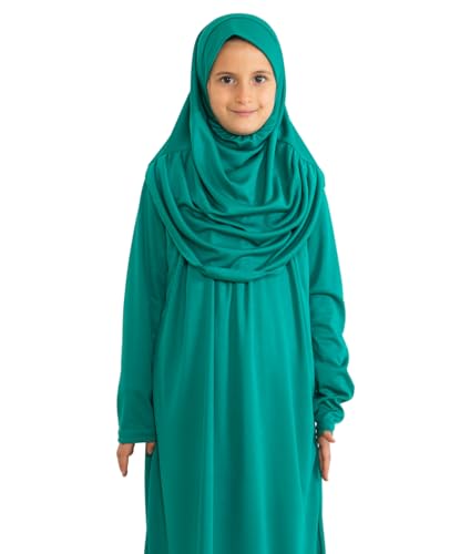 Prien Kids Prayer Dress Muslim Clothes for Girls Long Sleeve Abaya with Hijab Two Piece Maxi Islamic Set Scarf Kaftan Jilbab - color: Green