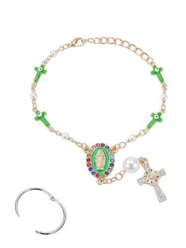 Car Rosary for Rearview Mirror, Evil Eye Pendant Car Interior Rear View Mirror Charm Auto Decors, Car Medal and Cross Personalized Hanging Accessories for Women Men (Cross Green) - size: Cross Green
