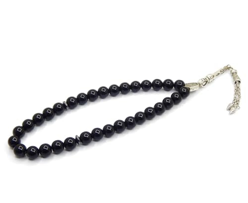 Perlin Muslim Prayer Beads 33 Bead Black Onyx Tasbih – Islamic Misbaha Subha Dhikr Beads with 10 mm Polished Onyx Gemstone Beads, Hematite Spacers and 925 Sterling Silver Imam, Ottoman Style Rosary