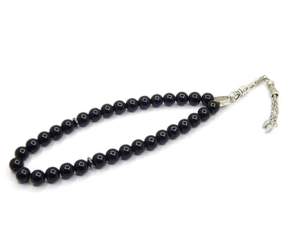 Perlin Muslim Prayer Beads 33 Bead Black Onyx Tasbih – Islamic Misbaha Subha Dhikr Beads with 10 mm Polished Onyx Gemstone Beads, Hematite Spacers and 925 Sterling Silver Imam, Ottoman Style Rosary