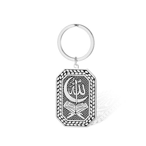 VASSAGO Stainless Steel Muslim Keychain Double Sided Islamic Crescent Star Allah Calligraphy Key Ring Religious Ramadan Gift - color: Silver