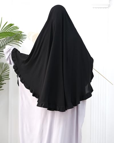 Muslim Prayer Hijab Solid Color Ruffled Head Scarf Women Islamic Head Cover Khimar - color: Black