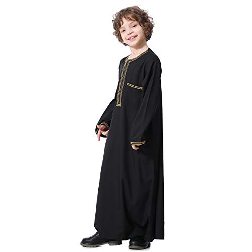XINNI Arabic Thobe Muslim Thobe Long Sleeve Kaftan Crew Collar Robe with Zipper for Boy - color: Black, size: 4-5T