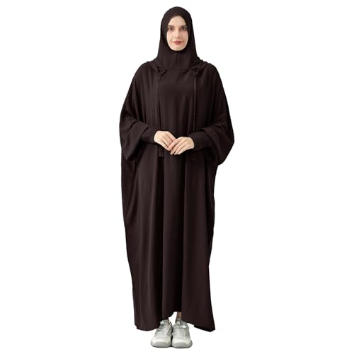 Abaya Muslim Dress Women Prayer Dress Long Sleeve Hooded Loose Maxi Dress Arabian Dubai Islamic Clothes - color: Dark Coffee