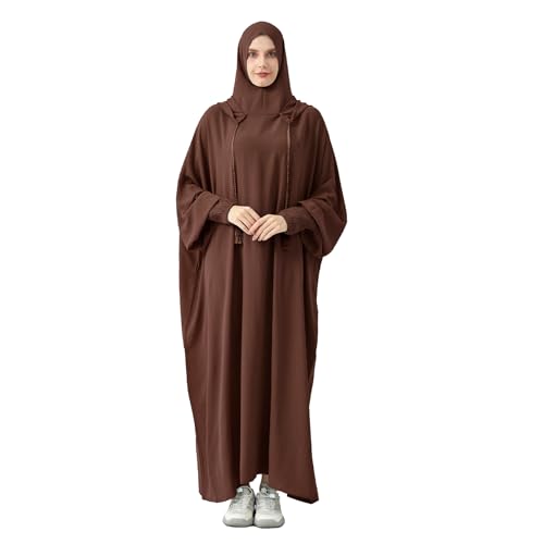 Abaya Muslim Dress Women Prayer Dress Long Sleeve Hooded Loose Maxi Dress Arabian Dubai Islamic Clothes - color: Brown