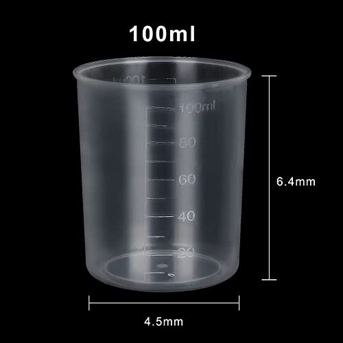 100Pcs 100ML Plastic Graduated Measuring Beaker Set, Clear Liquid Measuring Mixing Cups for Epoxy Resin, Liquid Container Beakers for Resin Epoxy Paint Food, Lab Use, Raised Graduations, Tapered Spout - size: 100ML