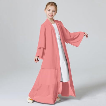 Kids Abaya Dress for Girls Muslim Dress with Hijab Chiffon Layered Open Front Cardigan Ramadan Eid Kaftans Dubai Outfit - color: Pink, size: 7-8 Years