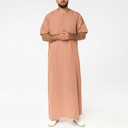 Muslim Thobe for Men Islamic Robe Kaftan Long Sleeve Jubba Arabic Gown Cotton Linen Loose Fit Ramadan A20 - color: Khaki, size: Large