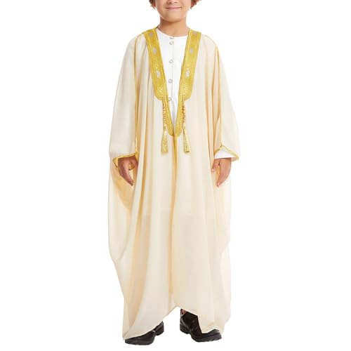 Toddler Boys Muslim Arabic Thobe Long Sleeve Embroidered Islamic Kaftan Teens Middle East Prayer Dress Ramadan Eid Clothes - color: Beige, size: 1-2T