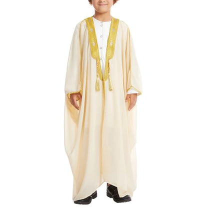Toddler Boys Muslim Arabic Thobe Long Sleeve Embroidered Islamic Kaftan Teens Middle East Prayer Dress Ramadan Eid Clothes - color: Beige, size: 9-10 Years