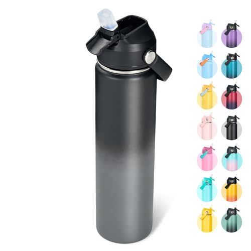 Fijinhom 24oz Insulated Stainless Steel Water Bottle, Wide Mouth Double Wall Vacuum, Silicone Straw, Sweat & Leak Proof, BPA Free Insulated Water Flask for Travel, Keep Cold 24h Hot 12h, Grey - color: Grey Gradient, size: 24 Ounces