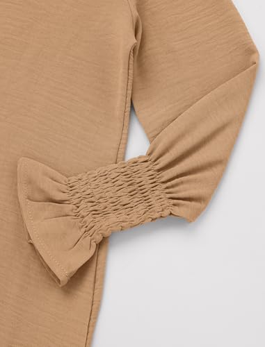 IDOPIP Muslim Dress for Girls Islamic Prayer Abaya Smocked Long Sleeve Kaftan Robe Dresses with Hijab Ramadan Dubai Outfits - color: Khaki, size: 5-6 Years