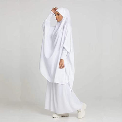 Women Muslim 2 Set Solid Color Plus Long Sleeve Thobe One-size Longuette Overall Abaya Thobe with Hoodied Hijab - color: White