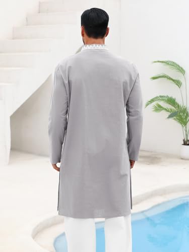 Runcati Mens Kaftan Thobe Cotton Henley Shirt Long Sleeve Embroidery Robe Casual Kurta Muslim Gown Shirt - color: Grey, size: X-Large