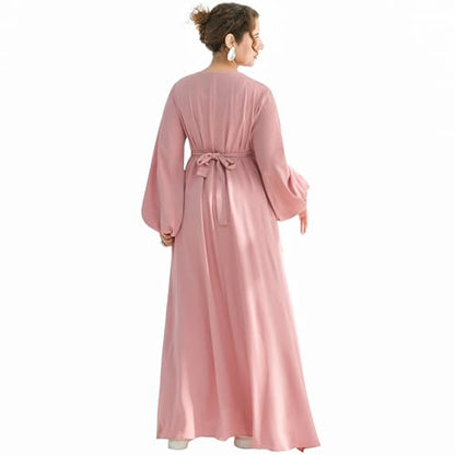 Muslim 여성용 Abaya 드레스 프론트 지퍼 기도 로브 부드럽고 가벼운 하늘거리는 맥시 드레스 포켓 및 벨트 포함 - color: 라이트 핑크, size: M