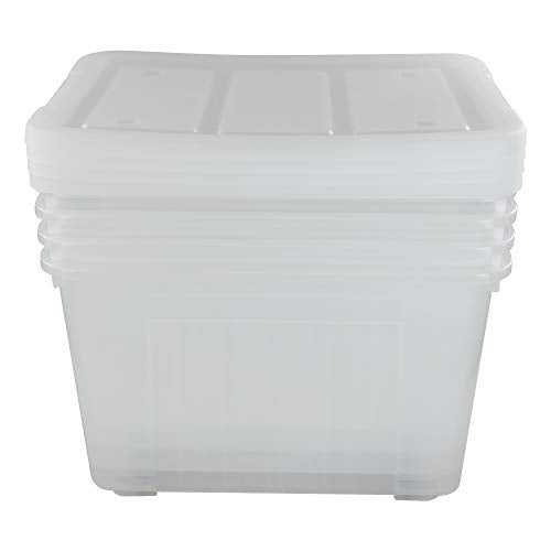 Kekow 70 L Clear Large Storage Box, Plastic Latch Box with Wheels, 4-Pack | Extra Large Capacity, Locking Snap Lid, Easy-Glide Wheels, Sturdy Plastic Build, for Closet Garage Basement Storage - size: 70 L