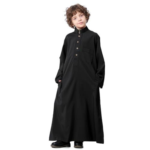 IDOPIP Muslim Thobe for Boys Kids Long Sleeve Islamic Arabic Kaftan Robe Middle East Dubai Prayer Dress Clothes with Pockets - color: Black, size: 4-5T