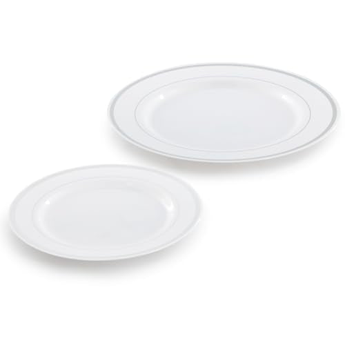 Elama 350 Piece Disposable Plastic Dinnerware Party Set for 50 Guests in White with Silver Trim