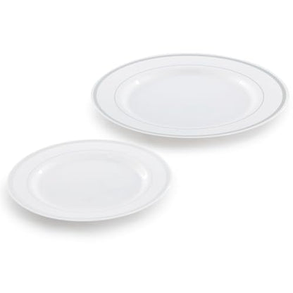 Elama 350 Piece Disposable Plastic Dinnerware Party Set for 50 Guests in White with Silver Trim
