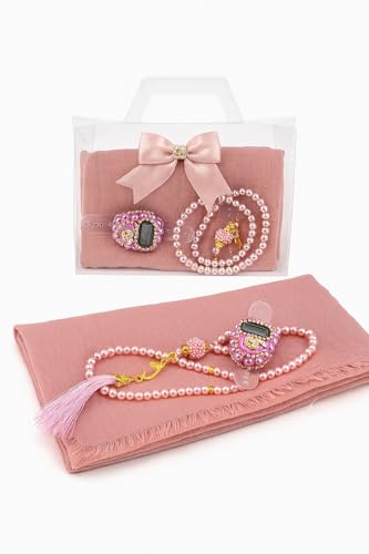 Premium Hijab Gift Set – 3-Piece Muslim Set with Chiffon Scarf, Prayer Beads (Tasbih) & Zikr Counter - color: Pink