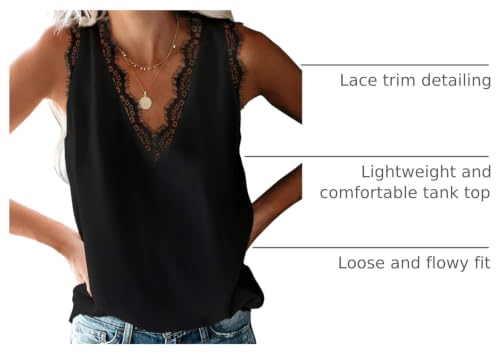 BLENCOT Women Lace Trim Tank Tops Summer V Neck Fashion Shirts | Sleeveless Blouse Business Casual Vacation Outfits Vest Spring Clothes - color: Black, size: XX-Large