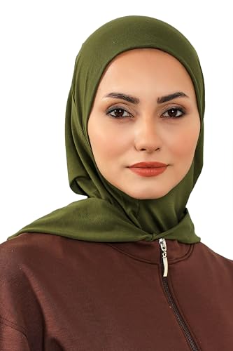 Aisha's Design Full Coverage%95 Cotton Bonnet for Women, Ready-to-Wear Hijab Bonnet Headscarf with Neck Coverage - color: Army Green