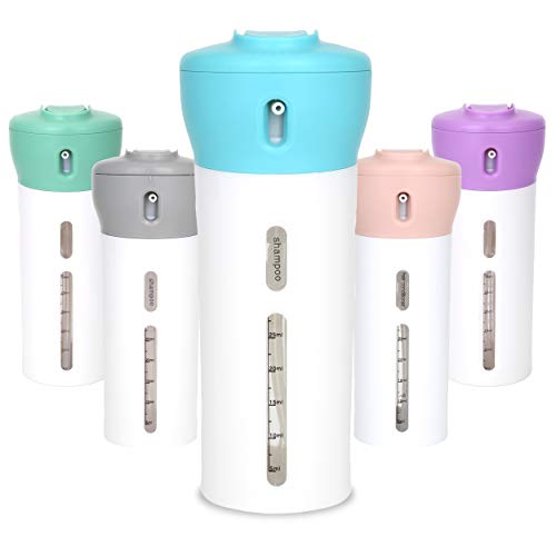 Travigo 4-in-1 Travel Dispenser Bottle, TSA Approved, Leak Proof, Four Reusable 1.4 oz. (40 mL) Toiletry Containers for Shampoo, Conditioner, Soap, Lotion, Skincare (Blue) - color: 1 Dispenser (Blue)