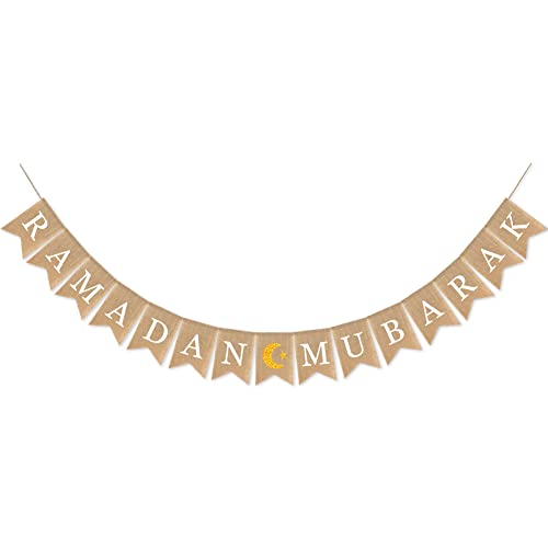 Burlap Ramadan Banner - Rectangular, Brown, Beige - 78 Inches - color: ramadan mubarak