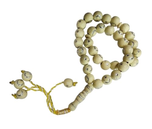 Muslim Bead Tasbih 33 Rosary AMN-277 Islam Prayer dhikr Misbaha with Moon Star Engraved on Islamic Religion Eid Ramadan Gift (Yellow) - color: Yellow