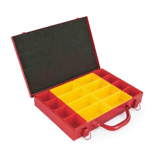 Metal Small Parts Organizer with 16 Removable Compartments, Red | Heavy Duty Steel, Dual Latches for Secure Closing, Sorts Screws, Nails, Bolts and Nuts, Padded Lid to Prevent Mix-Ups - color: Red, size: 13" x 9" x 2" | 16 Cups