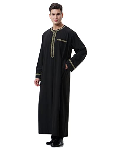 Thobe 남성용 무슬림 의류 카프탄 잘라비야 아바야 아랍 코스튬 라운드넥 긴소매 - color: 블랙-7., size: XL