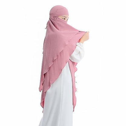 Khalat Muslim Prayer Hijab - 2 Layers Soft Breathable Islamic Dubai Women's Instant Long Hijab - color: Pink