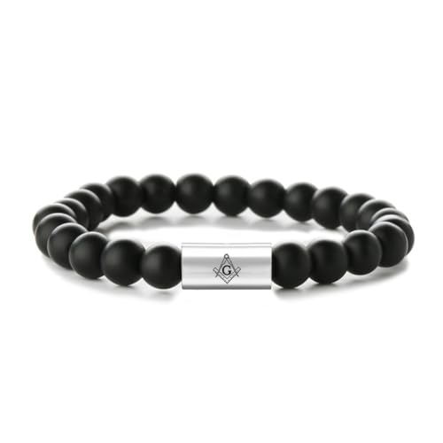 Religious Cross Symbol | Christian Ichthy | Yin Yang Tai Chi 8mm Natural Stone Bead & Cylinder Stainless Steel ID Stretch Bracelet for Men Women - style: Agate-Freemasonry
