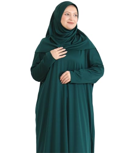Women Prayer Clothes with Hijab Muslim Outfits Long Robe Abaya Turkish Islamic Dresses Dubai Kaftan with Rosary - color: Emerald
