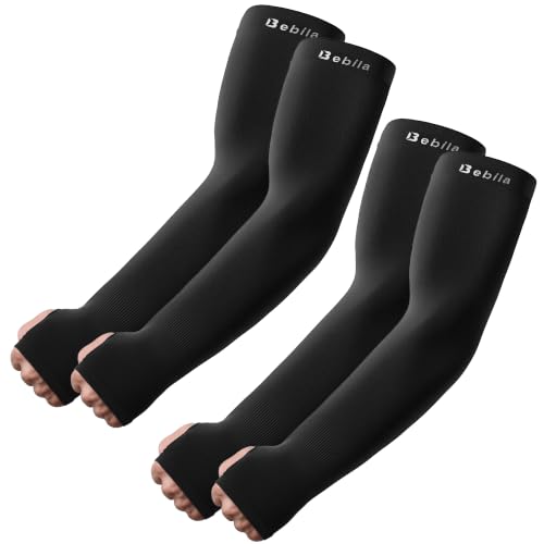 Bebila Arm Sleeves with Thumb Hole for Men Women, Sun Protection UV Cooling Sleeves Outdoor - color: 2 Black, size: Medium