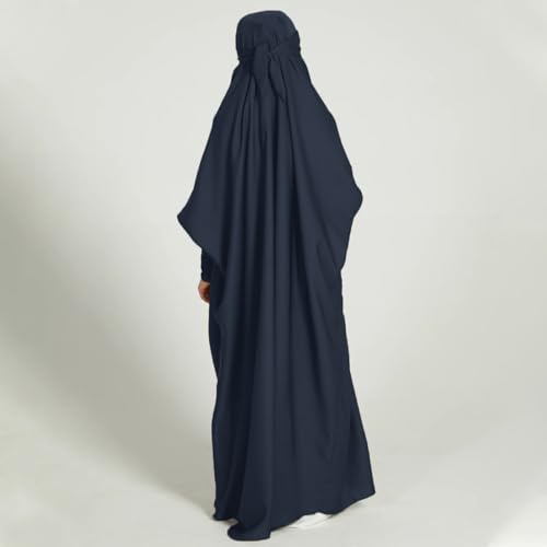IDOPIP Muslim Dress for Girls One Piece Long Sleeve Islamic Prayer Dress with Hijab Casual Maxi Kaftan Abaya Gown Clothes - color: Navy Blue, size: 6-7 Years