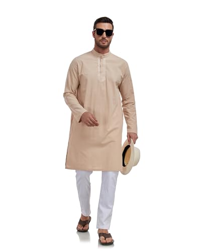 Jacansi Men's Cotton Linen Kaftan Thobe, Button Henley Long Sleeve Muslim Dress Robe - color: Khaki, size: X-Large