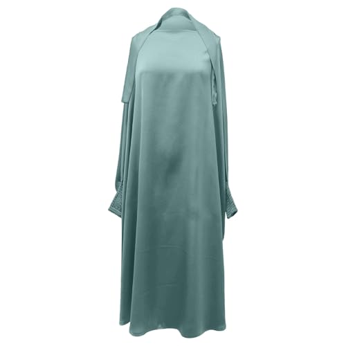 Solid Muslim Dress with Hijab for Girl Abaya Islamic Dubai Prayer Clothes Set Kids Kaftan Jilbab Dresses Burqa Outfit - color: Mint Green, size: 12-13 Years