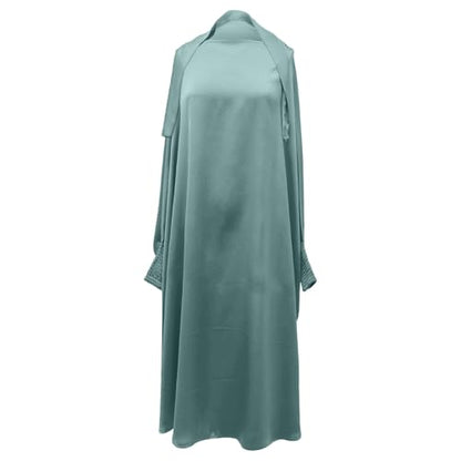 Solid Muslim Dress with Hijab for Girl Abaya Islamic Dubai Prayer Clothes Set Kids Kaftan Jilbab Dresses Burqa Outfit - color: Mint Green, size: 12-13 Years