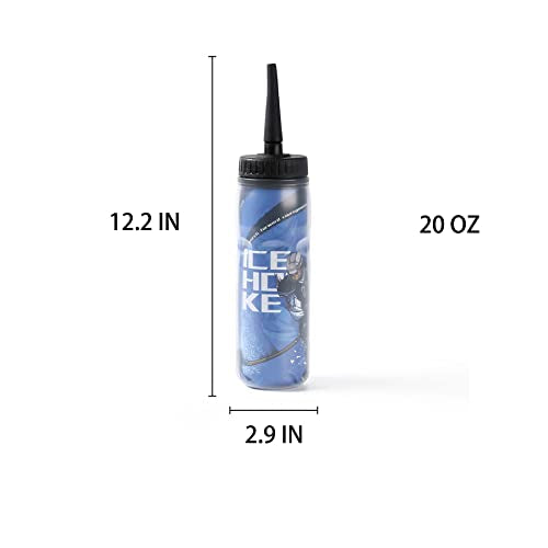 Squeeze Water Bottles 20 oz Hockey Lacrosse Football Boxing W/Sport Helmet w/Long Straw Cycling Gym（Blue）