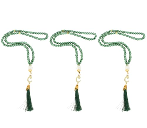 Prien 3 Pcs Prayer Beads, Islamic Gifts, 99 Beads Tasbeeh for Muslim, Islam Dhikr Counter, Bulk Tasbih Gift Set, Rosary for Women Men, Mawlid Favor for Prayer Rug, Ramadan, Hajj, Eid (Emerald) - color: Khaki