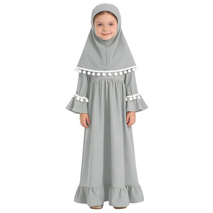 Muslim Prayer Dress 2 Piece Set Baby Toddler Long Sleeve Abaya with Hijab Islamic Scarf Kaftan Robe Ramadan Outfit - color: Grey, size: 6-18 Months