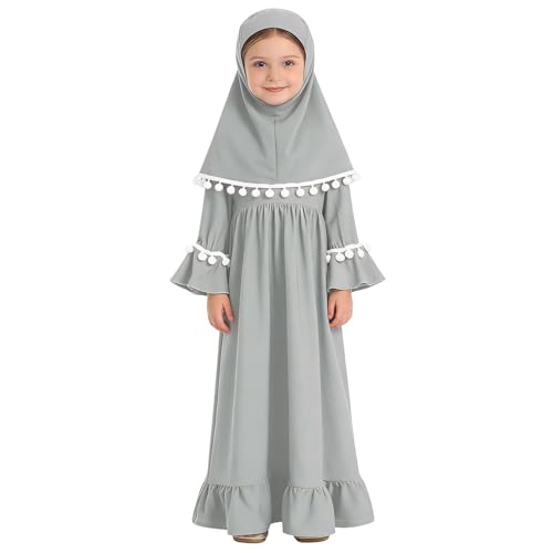 Muslim Prayer Dress 2 Piece Set Baby Toddler Long Sleeve Abaya with Hijab Islamic Scarf Kaftan Robe Ramadan Outfit - color: Grey, size: 18-24 Months
