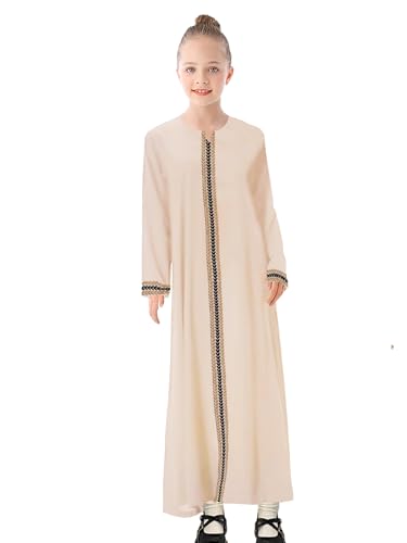 WSPLYSPJY Kids Girls Gold Embroidered Muslim Dress Abaya Long Sleeve Eid Robe Prayer Clothes - color: Light Khaki, size: 11-12 Years