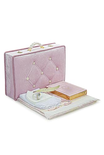 ihvan online Muslim Prayer Rug Set, Islamic Dowry Gift Box for Men & Women, Shawl, Kufi Hat, Digital Beads Counter, Quran Gift, Elegant Islamic Gifts Set for Ramadan & Eid & Wedding, Pink - color: Pink