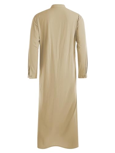 Jacansi Men's Muslim Buttoned Thobe Long Tunic, Oversized & Extra Long, Arabic Style with Pockets - color: Khaki, size: XX-Large