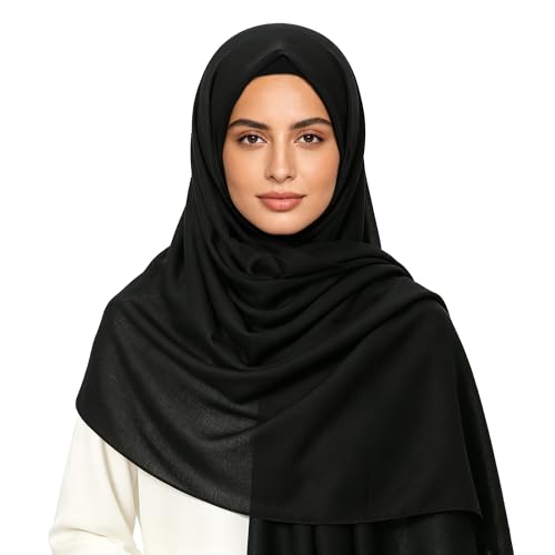 Black Muslim Hijab for Women, 70% Polyester 30% Linen Headscarf, 72.83" x 31.5" Breathable Modest Shawl Wrap for Daily Ramadan